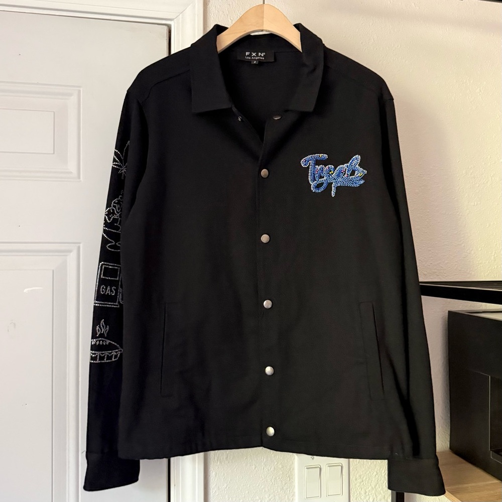 FXN black cotton text font graffiti beaded stone denim‎ shacket shirt jacket